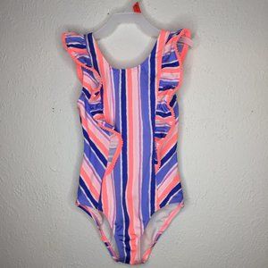 Cat & Jack girl's size M 7/8 one piece swimsuit w/ ruffles in blue, white, pink.